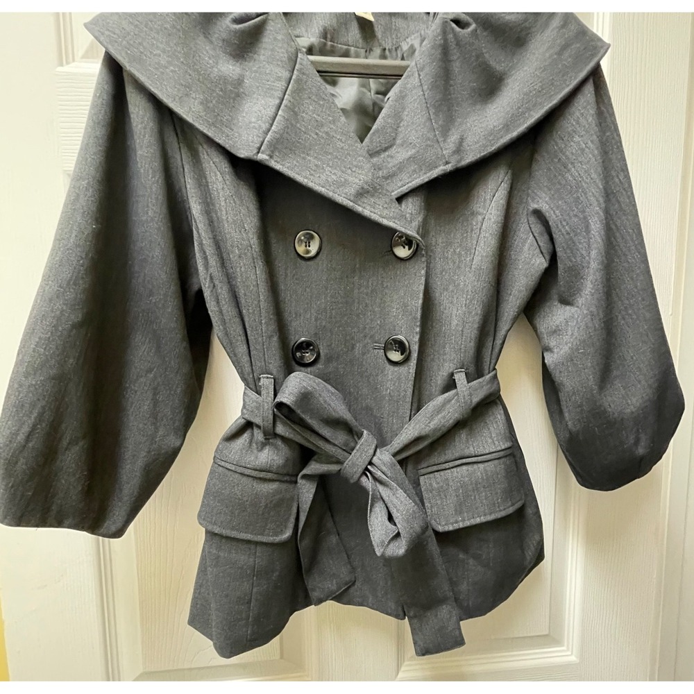 Kenneth Cole New York Womens Sz 10 Gray Shawl Neck Belted Double Breasted Jacket - Picture 5 of 16